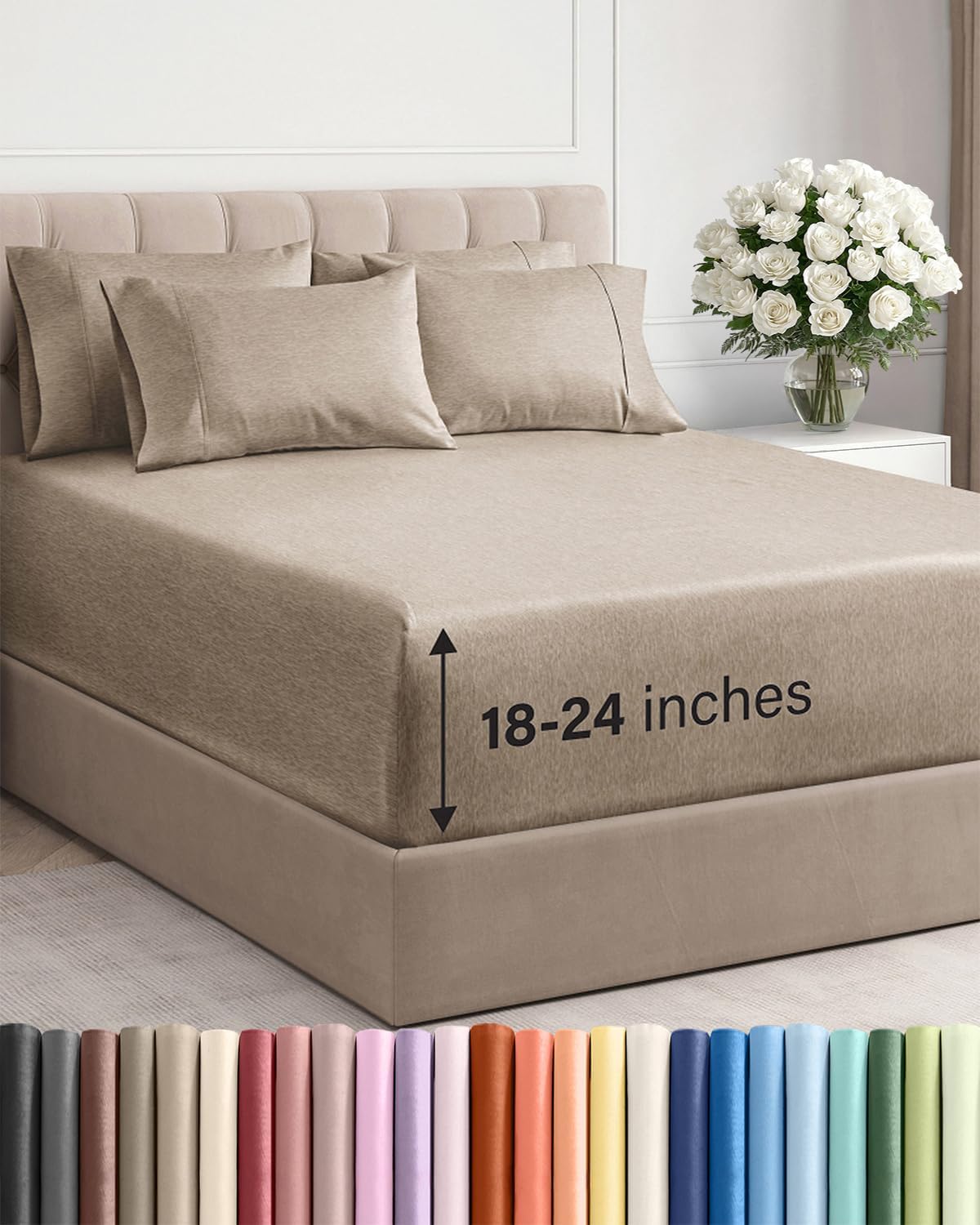 Skiennix Extra Deep Full Sheet Set | 6-Piece Breathable Cooling Sheets - Luxury Hotel Quality - Heathered Beige