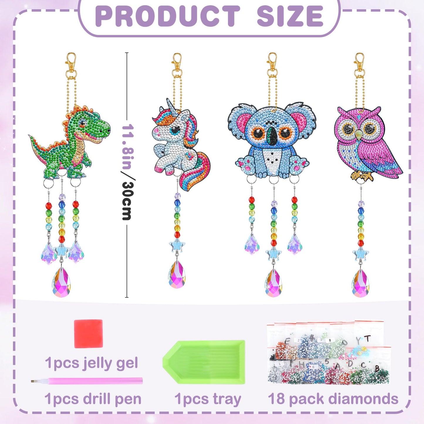 Diamond Art Kits for Kids - Crafts Gifts for Girls 8-12, 4 Pcs Double Sided Animal Style Wind Chime, Hanging Crystal Rhinestone Painting Ornament
