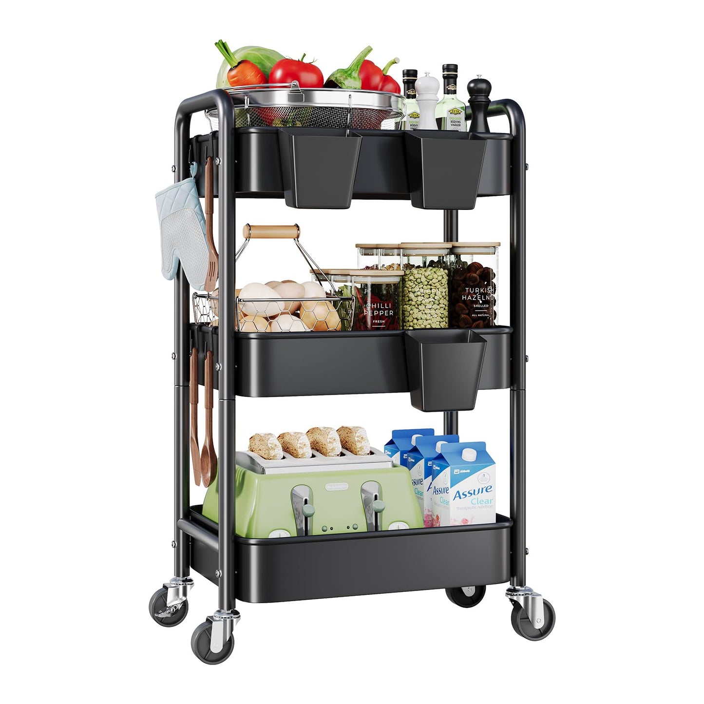 3 Tier Rolling Cart on Wheels, Metal Utility Storage Cart with Wheels, Three Tiered Craft Carts Organizer with Hanging Cups, Hooks, Mesh Basket for Bedside, Kitchen, Bathroom, Office, Art, Snack,Black