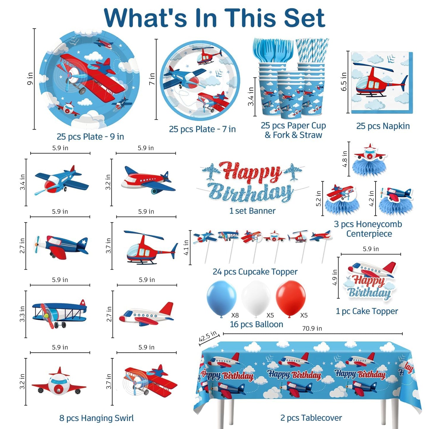 212 Pcs Airplane Birthday Party Decorations, Airplanes Party Banner Balloons Blue Sky and Red Paper Plates Napkins Set with 2 Pcs Airplane Table Cloth Airplane Flight Plane Themed Decorations