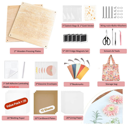 KAXYEW Large Flower Press Kit, 11"x11" Wooden Flowers Pressing Boards with Storage Bag, DIY Pressed Flowers Art - Fridge Magnet Bookmark Art Craftst Presservation Gifts for Flower Plant Lovers