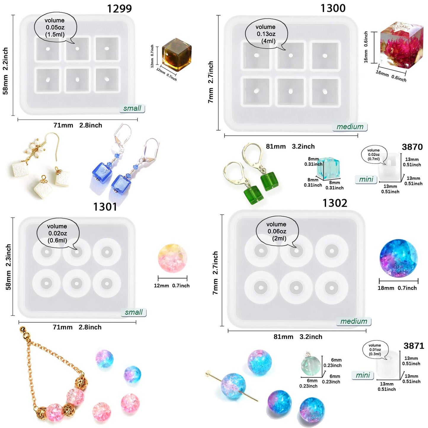 Beads Resin Molds with Hole for Gemstone Cabochon Jewelry Casting 14-Count