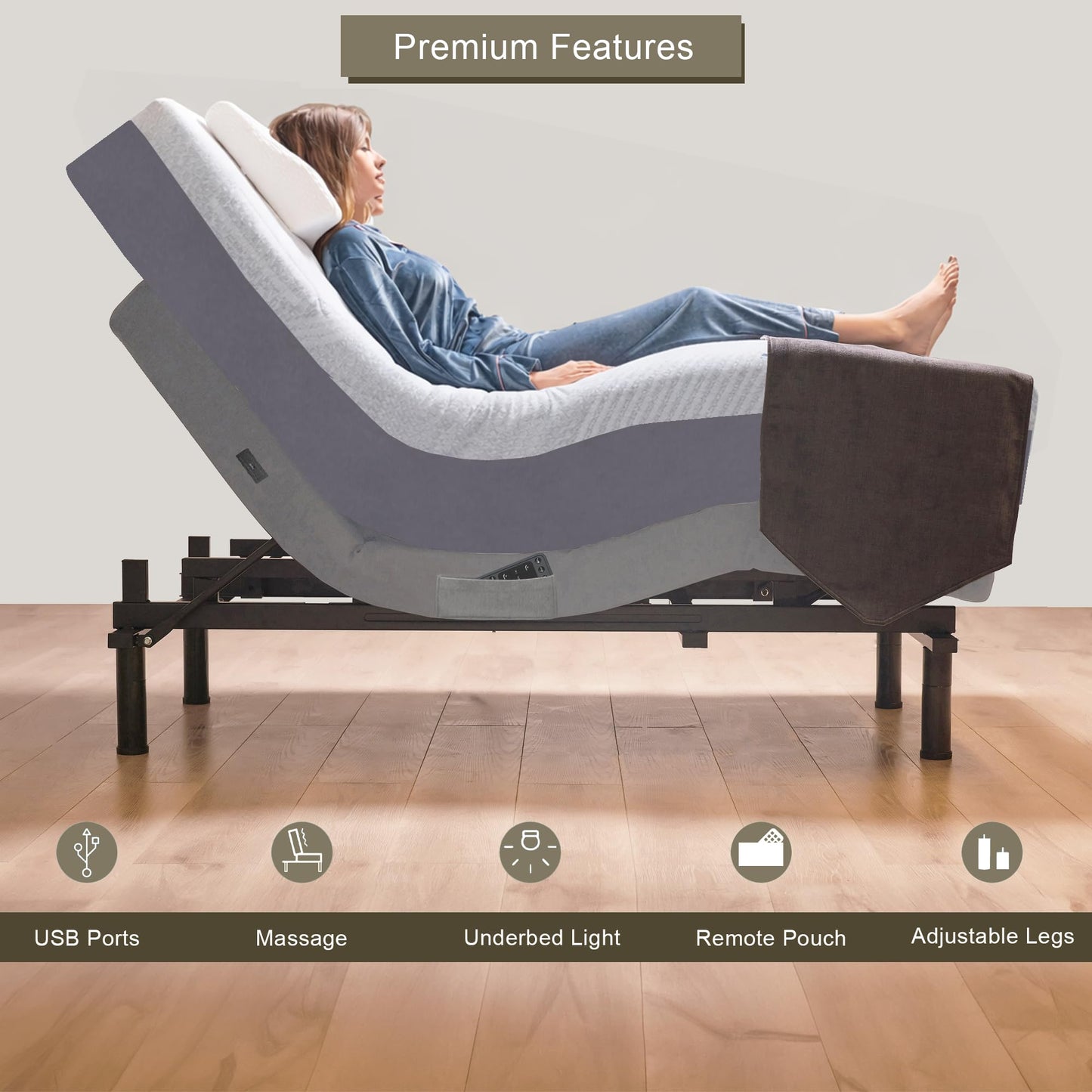 Premium California King Adjustable Bed with 14 Inch Prime Gel Memory Foam Mattress, Massage, Zero Gravity, Anti-Snore, Programmable Memory Positions, USB, Underbed Lighting, Zero Clearance