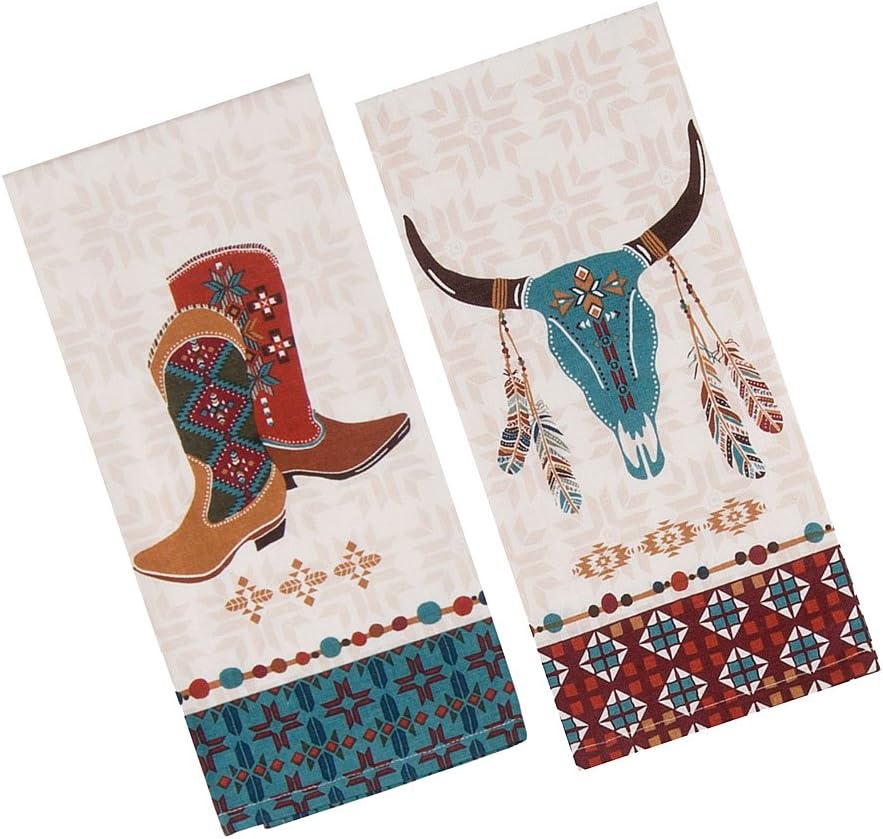 Southwest at Heart Kitchen Towel Set - Cowboy Boots & Cattle Skull, 2 Item Bundle