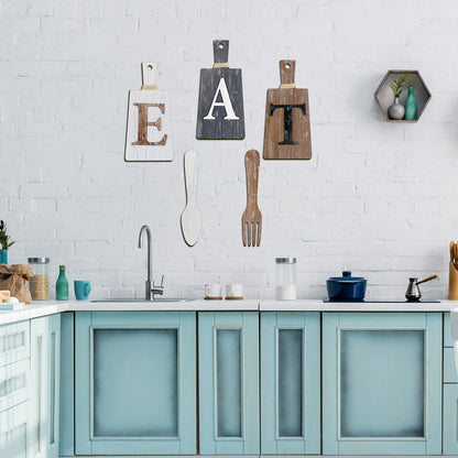 Jetec Cutting Board Eat Sign Set Hanging Art Kitchen Eat Sign Fork and Spoon Wall Decor Rustic Primitive Country Farmhouse Kitchen Decor for Home Decoration(White, Grey,brown)