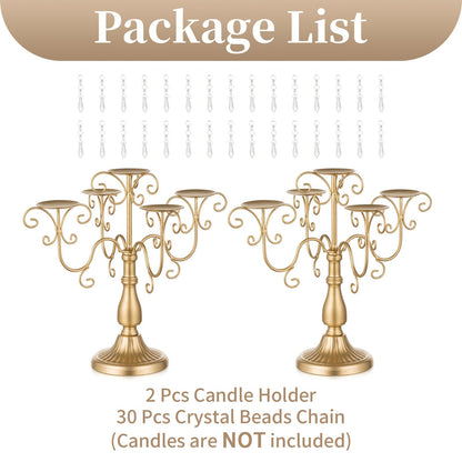 Sziqiqi Gold Candelabra Candle Holder - 5 Arm Pillar Candle Holders with Crystal Beads for Christmas Table Centerpiece Halloween Wedding Candleholders Decoration Set of 2