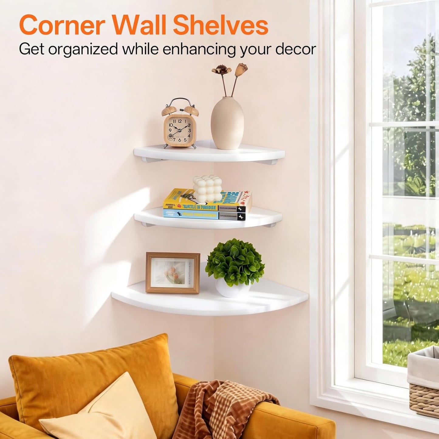 7inch Gieanoo White Corner Wall Shelf Solid Oak Wood Floating Corner Shelf with Wire Hole Corner Wall Storage Display