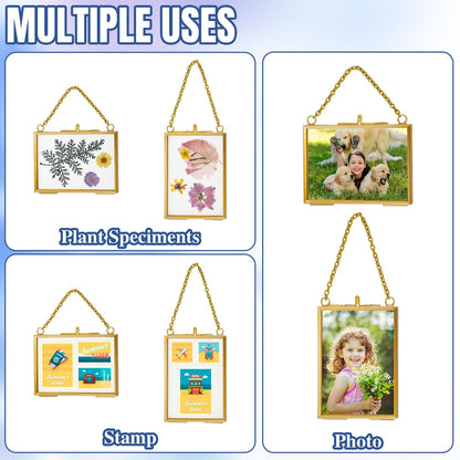 Kigley Double Glass Frame for Pressed Flowers Floating Hanging Photo Frame Gift for Graduation Mother's Day 3.5 x 2.5 in Brass Clear Decor with Chain for Display Gallery Artwork (Gold,12 Pcs)
