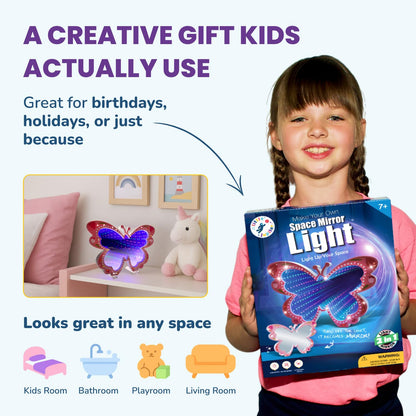 DIY Butterfly Space Mirror Light - 2 In 1 Mirror & Space Tunnel Effect with LED Lamps - Perfect Science Kids Arts and Craft Activity Kit for Girls 7-12 Years Old - Foam Craft with Gem Art Decorations