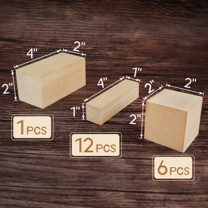 Basswood Carving Blocks, 19PCS Whittling Wood Blocks Kit with 3 Different Sizes, Bass Wood for Carving Easy to Use, for Kids and Adults