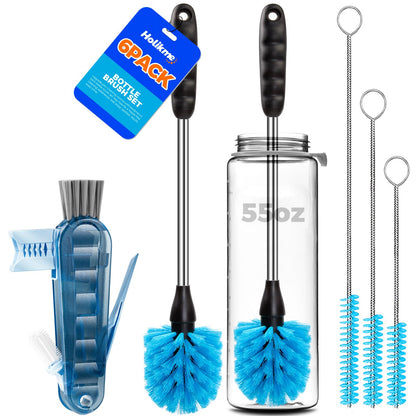 Holikme 6 Pack Brush Set, 14" Long Handle Stainless Steel Cleaner, 3 Straw Brushes, 4-in-1 Cleaning Brush for Water and Baby Bottles Straws, Aqua