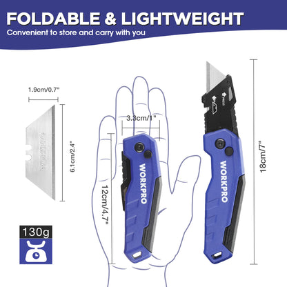 WORKPRO Folding Utility Knife, Quick Change Box Cutter, Razor Knife for Cartons, Cardboard, Boxes, Blade Storage in Aluminum Handle, 13 Extra Blades Included (Blue)