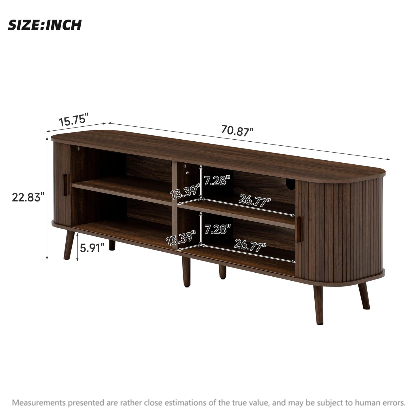 Merax 70 Inch Mid Century Modern TV Stand for TVs up to 80", Fluted Entertainment Center with Ample Storage & Sliding Doors, Curved Design Media Console for Living Room, Solid Wood Legs, Walnut