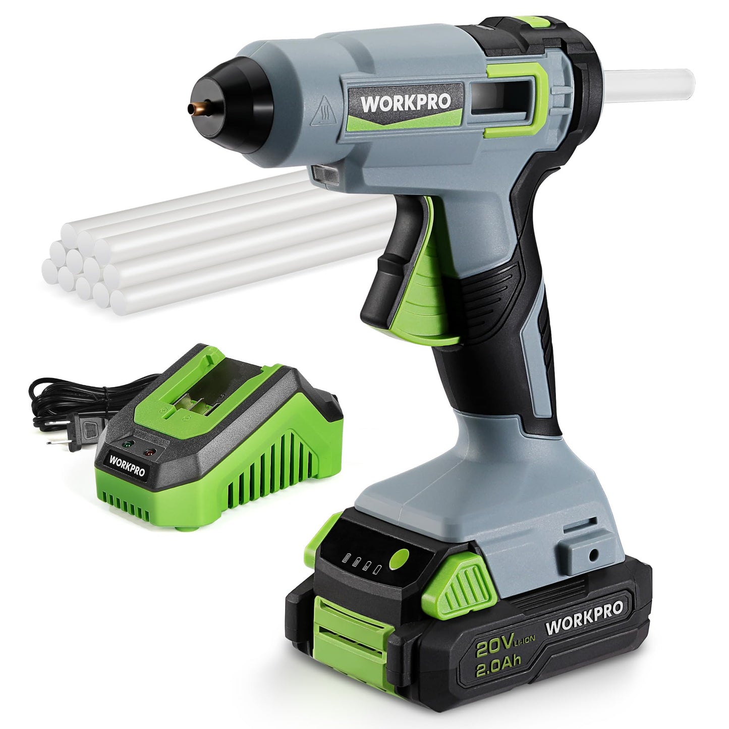 WORKPRO 20V Cordless Hot Melt Glue Gun Kit, 2.0 Ah Li-ion Battery Powered Rechargeable Full Size Hot Glue Gun, 45S Fast Preheating, Heavy Duty Wireless Glue Gun with 12 Pcs Glue Sticks for DIY & Craft