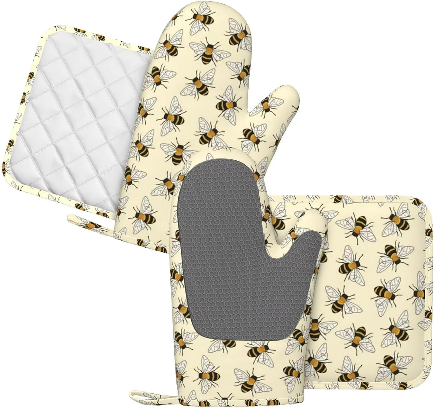 Happy Busy Bees Kitchen Mitts and Pot Holders Set, 4Pcs Silicone Bees Oven Gloves, Heat Resistant Potholders for Baking