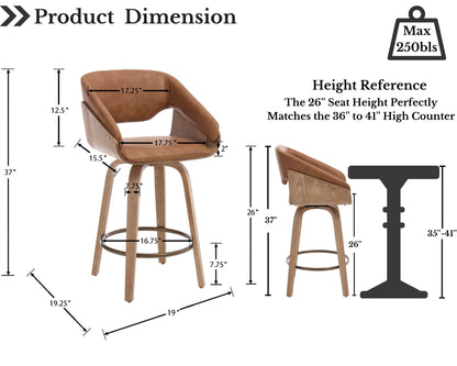 HNY 26 Inch Swivel Bar Stools with Back Set of 4, Brown Faux Leather Upholstered Counter Height Barstools with Solid Bentwood Frame, Round Footrest, Modern Barrel Counter Stools for Kitchen Island