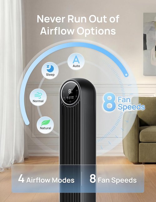 DREO Bladeless Tower Fan - Ultra Quiet 20dB with 8 Speeds & 90° Oscillation | High Velocity 28ft/s, Remote Control, Black