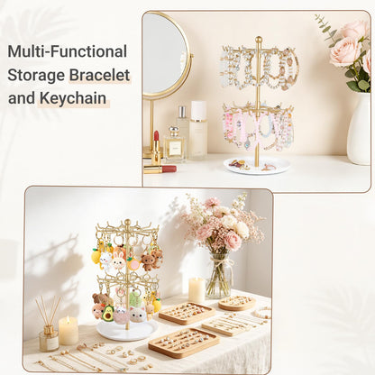 Mkono Bracelet Holder Gold Metal Rotating Bracelet Display Stand 2 Tier Jewelry Organizer with 24 Hooks and Wood Tray Adjustable Tree Stand Tower Rack for Storage Selling KeyChain Bangle Accessories