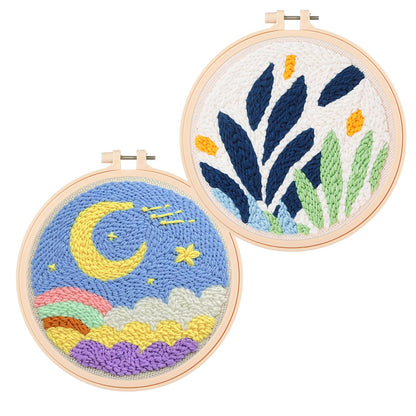 Cheloment 2 Sets Punch Needle Kits with 5mm/3.5mm Punch Needle,Fabric,Threader, Yarns and Hoops Embroidery Starter Kit for Adults Beginner, Perfect for DIY Craft and Decoration (Moon&Leaf)