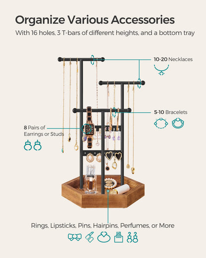 SONGMICS Jewelry Holder, Jewelry Organizer, 3 Tiers and 1 Tray, Jewelry Display Stand with Metal Frame, Necklace Earring Bracelet Holder, for Rings, Ink Black and Caramel Brown UJJS03CB