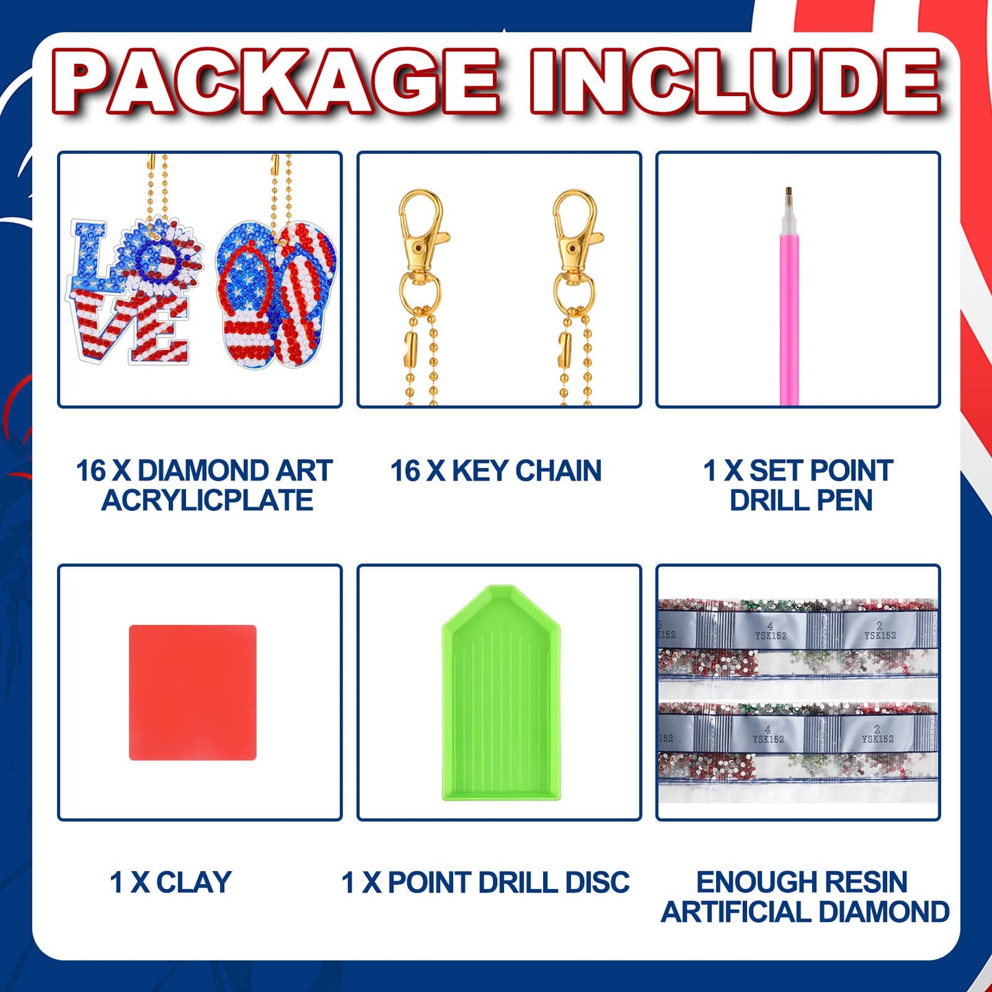 Sasylvia 16 Pcs 4th of July Diamond Painting Keychains Patriotic Diamond Art Kit Gnome Painting Ornaments American Flag Red Blue White DIY Craft 250th Anniversary Decorations for Adult