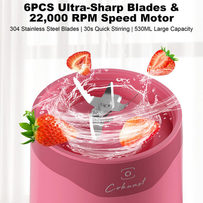COKUNST 18oz Portable Blender, USB Rechargeable Personal Size Blenders, Smoothie Blender with 6 Blades for Protein & Shakes, Mini juicer with Extra Handle Lid for Travel Sports Outgoing