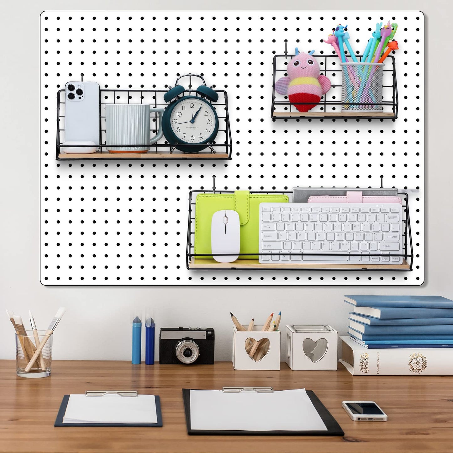 Roowest 3 Sets Metal Pegboard Shelves with Steel Peg Board Brackets and Hooks Wall Organizer Storage Display Tray Accessories for Craft Room Home Office Garage Nursery Workbench Kitchen(Black)