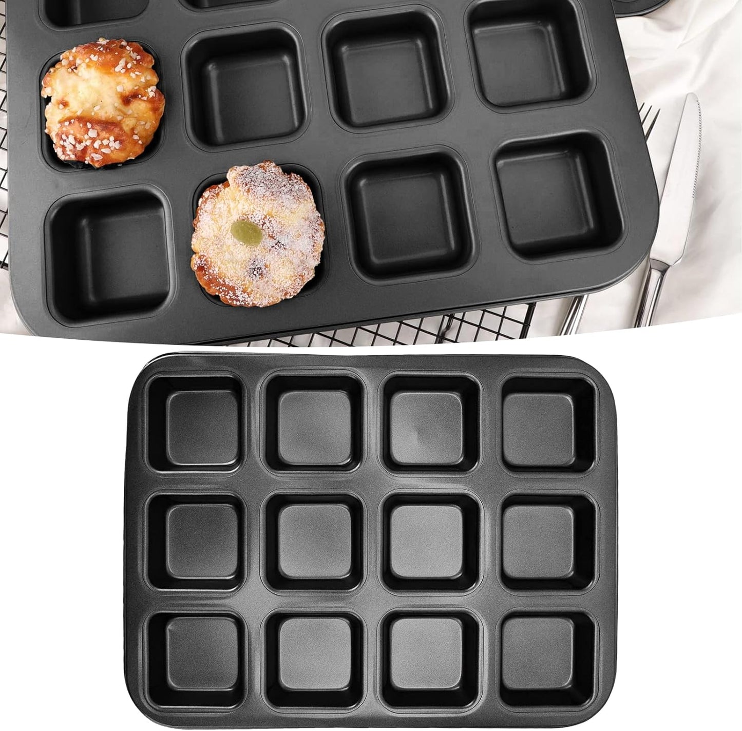 Carbon Steel Brownie Bar Pan, Mini Loaf Muffin Bakeware Mold Set with 12 Cavity, Black
