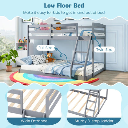 Giantex Twin Over Full Bunk Bed, Solid Wood Kids Bunk Bed with Full-Length Guardrails & Ladder, Low Bunk Beds with Slats Support for Kids, Teens, No Box Spring Needed, Grey