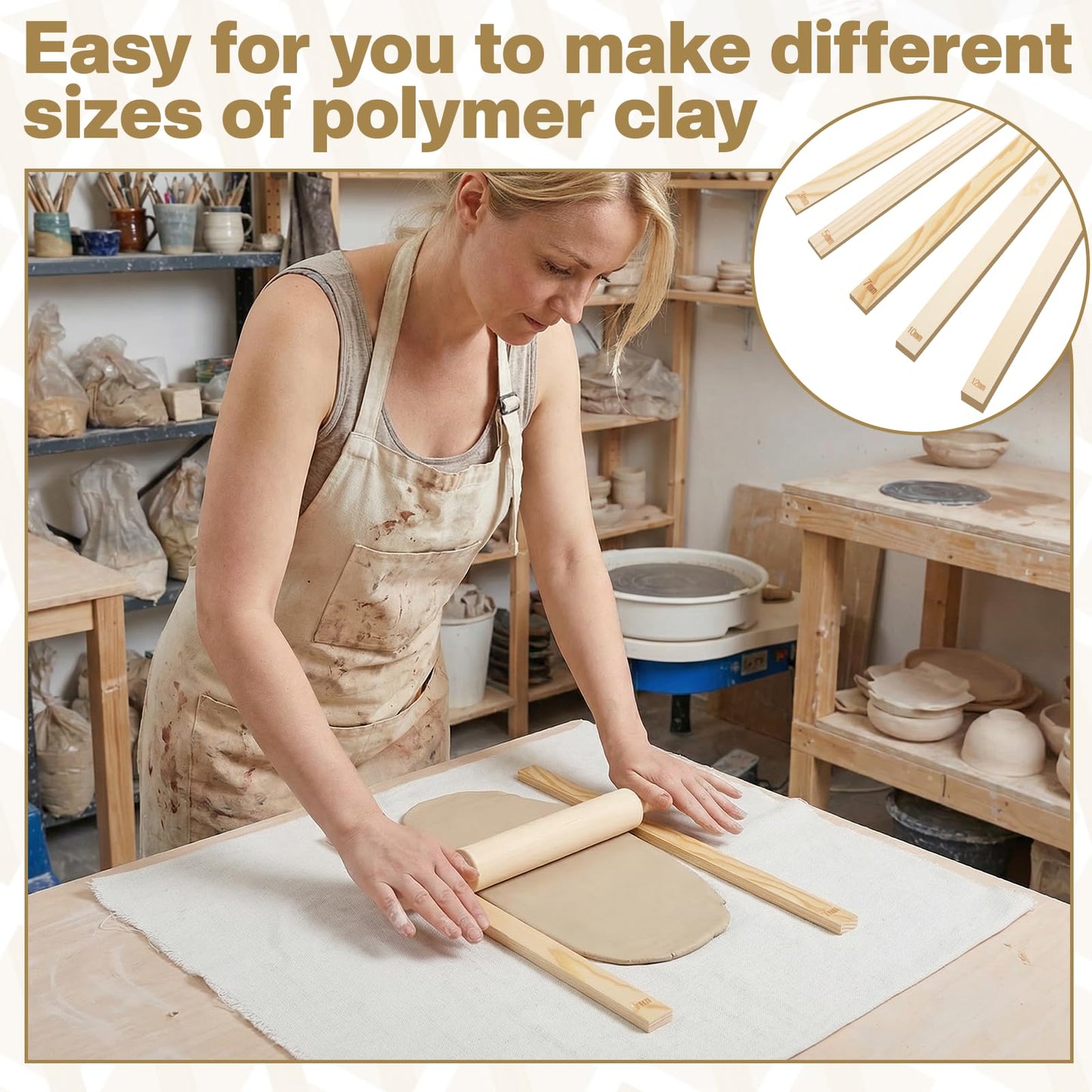 IMengjbang 12 Pcs Pottery Tools Set, Wooden Clay Rolling Pin with 5 Size Thickness Guides, Linen Tablecloth for Ceramic Pottery Making, Clay Roller for Crafts