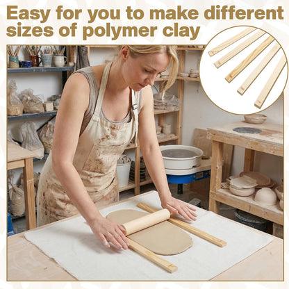 IMengjbang 12 Pcs Pottery Tools Set, Wooden Clay Rolling Pin with 5 Size Thickness Guides, Linen Tablecloth for Ceramic Pottery Making, Clay Roller for Crafts