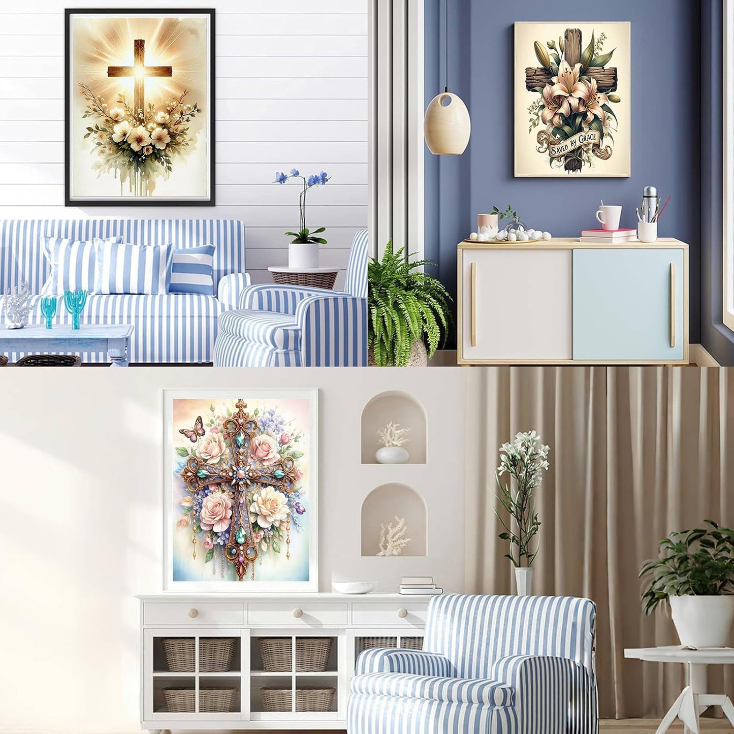 EIBEILI 3 Pack Cross Diamond Art Kits for Adults - 5D Diamond Paintings for Beginner,DIY Flowers Round Full Drill Dots Pictures Gem Art Painting Kits for Home Wall Decor 12x16inch