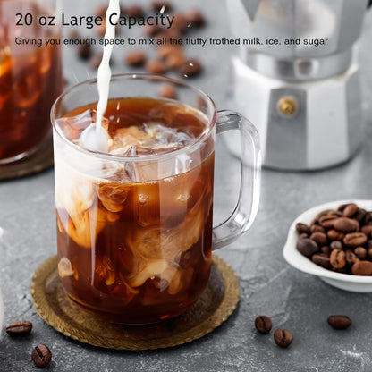 BWODYAY Glass Coffee Mugs, 20 oz Ice Coffee Cups Set of 4, Large Clear Tea Cups, Glass Mugs with Handles for Hot Beverages, Glass Cups for Latte, Cappuccino, and Tea