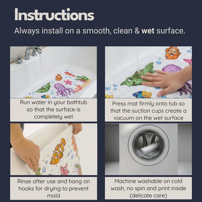 Bath Tub Mat Non Slip Anti Mold for Kids BPA Free INCL Hooks - homerella® Ocean Sea Animals 40x16, Baby Bath Mat Non Slip 200 Suction Cups, Non Toxic Machine Washable Toddler Bath Mat, EU Certified