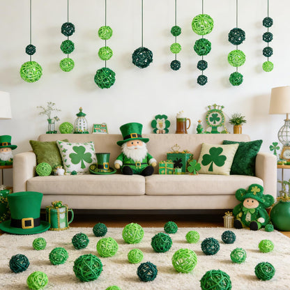 42Pcs St Patricks Day Vase Filler Wicker Rattan Balls, Table Decor Wicker Rattan Balls Hanging Ornaments Vase Bowl Fillers for Spring St. Patrick's Day Home Vase Centerpiece Bowls Table Decor