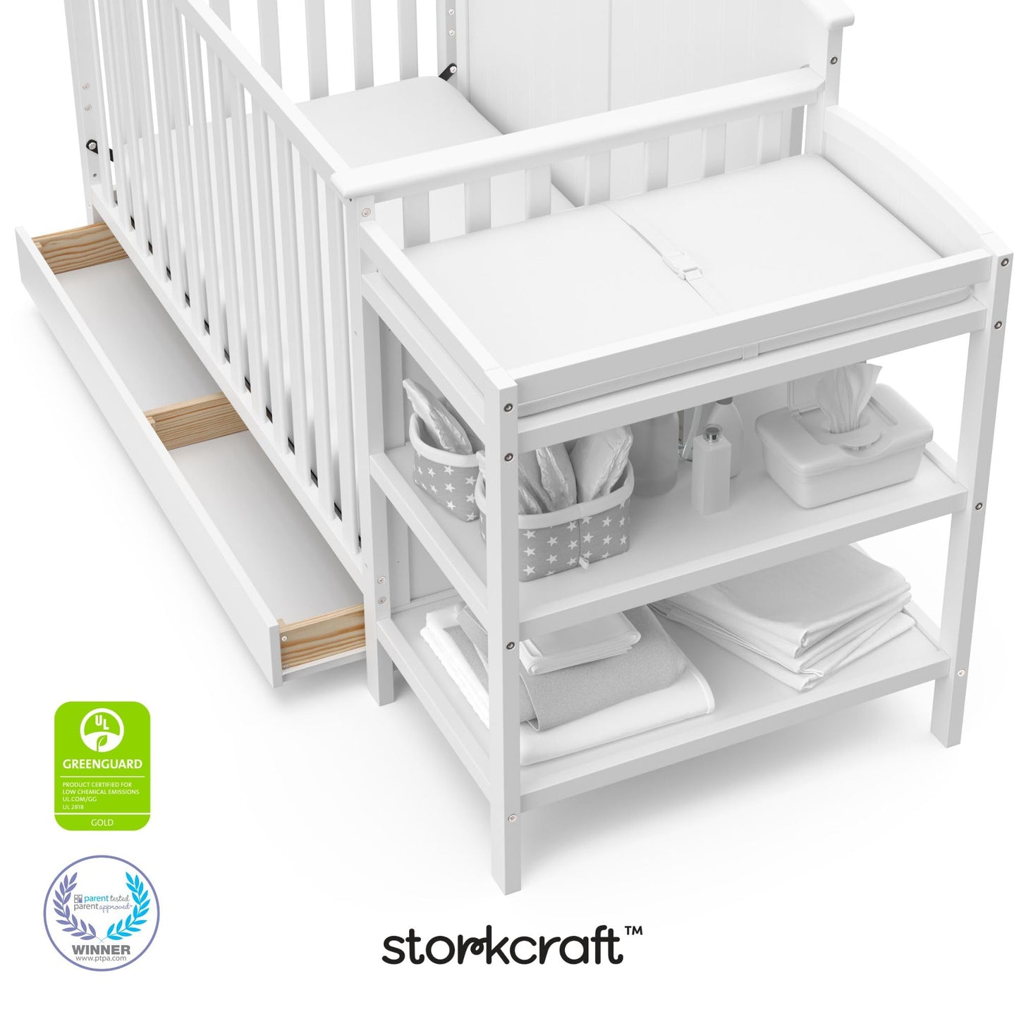 Storkcraft Steveston 5-in-1 Convertible Crib & Changer – GREENGUARD Gold Certified, Fits Standard Crib Mattress, Converts to Toddler Bed and Full Bed, 4 Adjustable Mattress Heights (White)