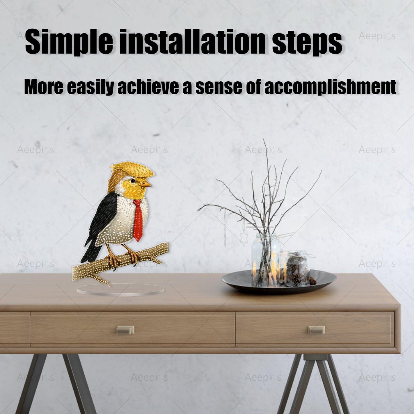 Aeepics DIY Diamond Art Tabletop Kit for Adults, Acrylic Desktop Diamonds Painting Kit Ornament, Stand Up Diamond Art Painting Board Kit (Funny Bird)