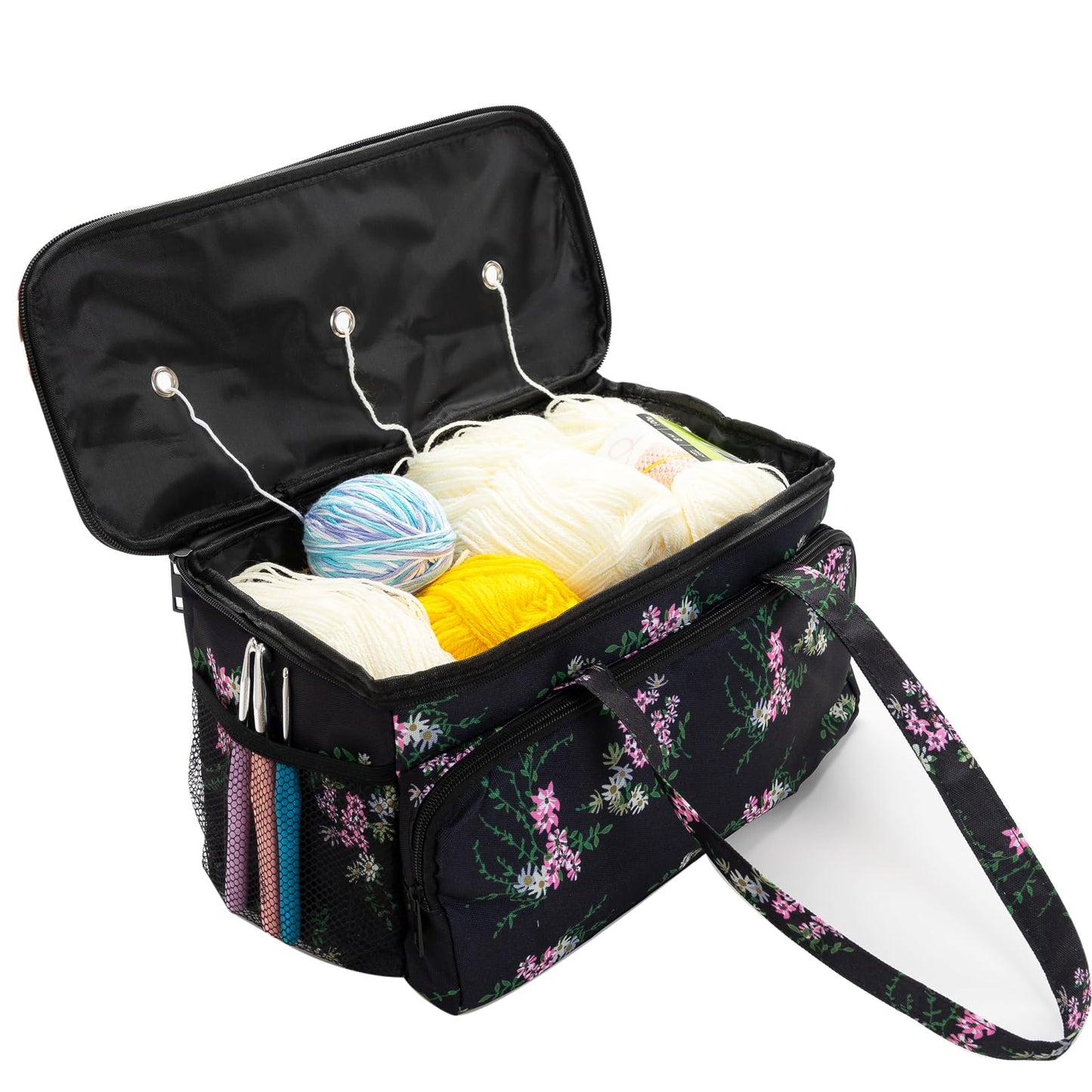 Ryhiac Yarn Storage Organizer Tote Bag Knitting Project Bag Yarn Holder Traveling Crochet Handbag Floral for Bulk Yarns,Crochet Hooks,Knitting Needle,Crochet Acessories