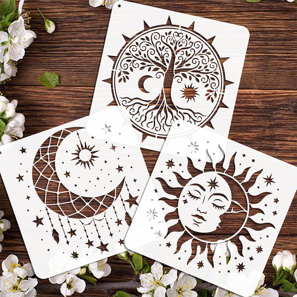 EVERJOYCRAFT 12pcs Mandala Sun and Moon Stencils for Painting 11.8"x11.8" Plastic Drawing Stencils for Crafts Reusable Star Tree Templates with Brushes Painting on Wood Wall Furniture Canvas Scrapbook