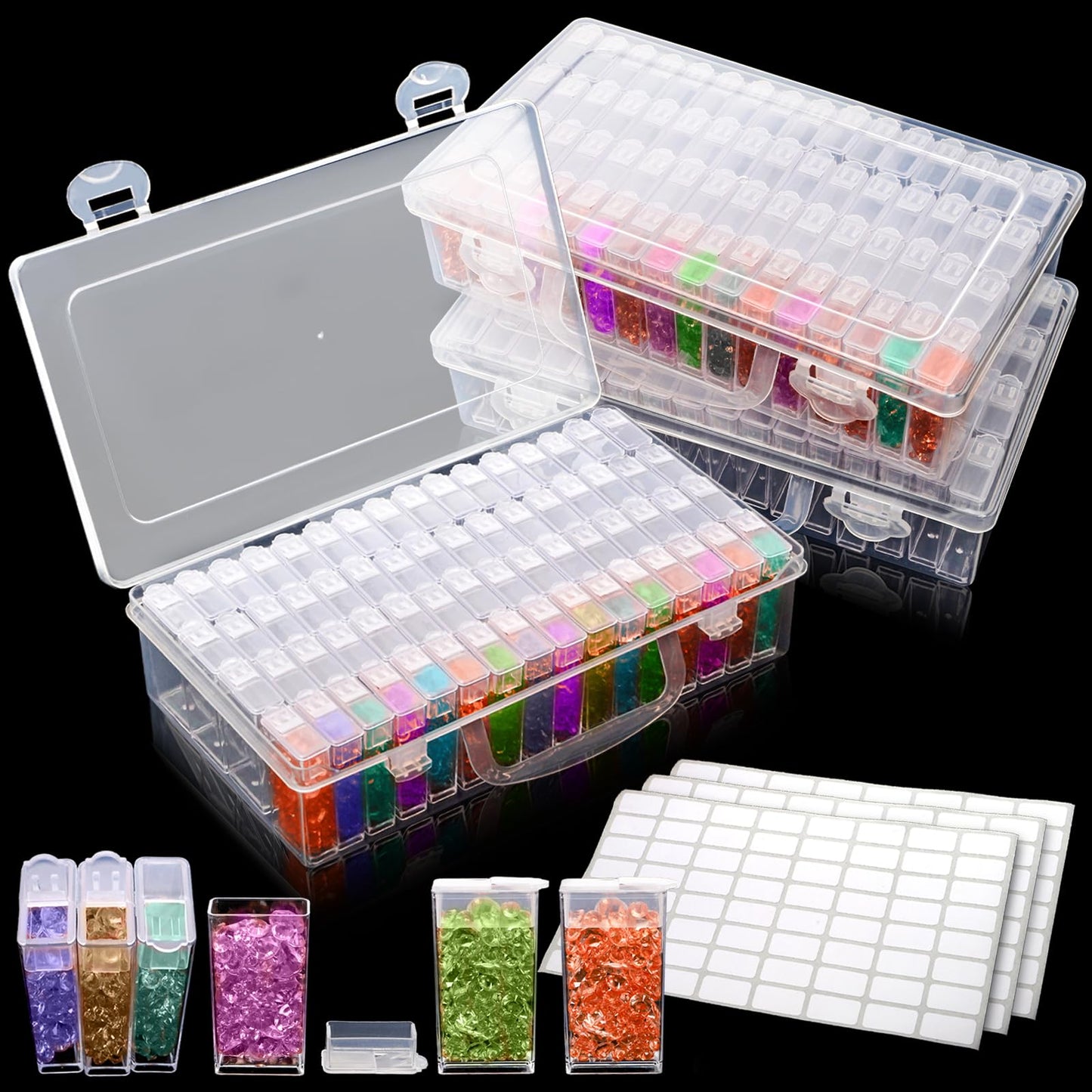 Pumtus 3 Pack Diamond Art Storage Containers, 192 Grids Acrylic Bead Box with Label Stickers, 5D Diamond Dot Art Case, Embroidery DIY Art Craft Storage Jar for Sewing, Nail, Rhinestone, Seed
