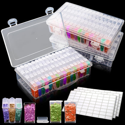 Pumtus 3 Pack Diamond Art Storage Containers, 192 Grids Acrylic Bead Box with Label Stickers, 5D Diamond Dot Art Case, Embroidery DIY Art Craft Storage Jar for Sewing, Nail, Rhinestone, Seed