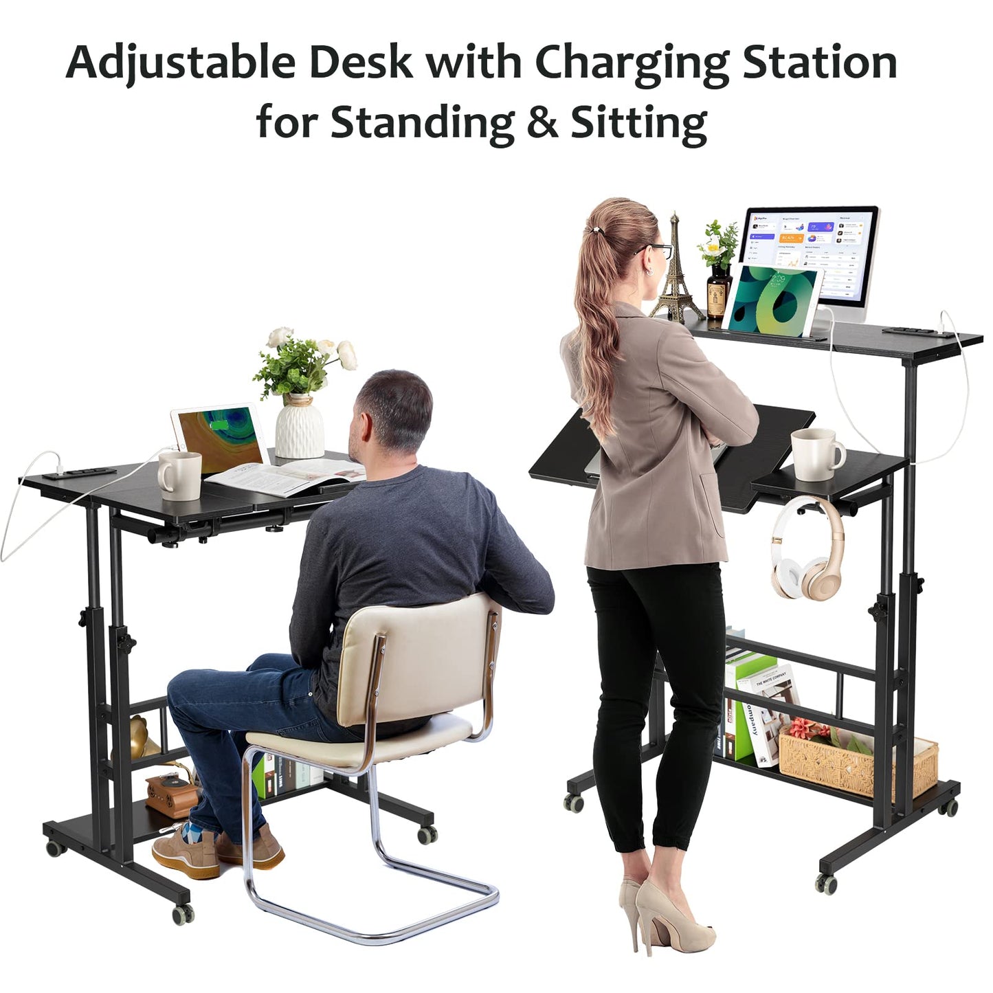 Hadulcet Stand Up Desk, Rolling Desk Adjustable Height, Mobile Standing Desk with Wheels & Charging Station, Portable Stand for Laptop, Rolling Computer Cart TV Tray, Small Standing Desk Drawing Table