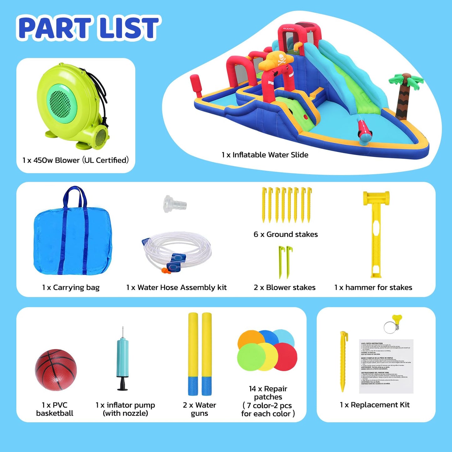 ELEMARA Inflatable Water Slide Bounce House, 10 in 1 Inflatable Water Park with Blower, 2 Slides & 2 Climbing Walls & 2 Water Guns, Deep Pool Giant Splash Pool, Water Slides for Kids Backyard for 6