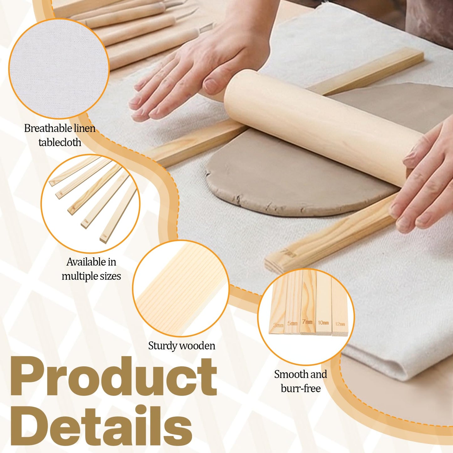 IMengjbang 12 Pcs Pottery Tools Set, Wooden Clay Rolling Pin with 5 Size Thickness Guides, Linen Tablecloth for Ceramic Pottery Making, Clay Roller for Crafts