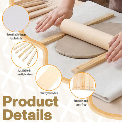 IMengjbang 12 Pcs Pottery Tools Set, Wooden Clay Rolling Pin with 5 Size Thickness Guides, Linen Tablecloth for Ceramic Pottery Making, Clay Roller for Crafts