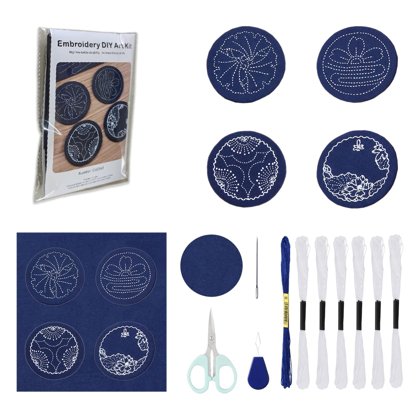 4 Set Sashiko Coasters DIY Kit with Pattern, Embroidery Starter Kit with Instructions for Beginners, Sashiko Kit, Round Sashiko Embroidery Coasters for Tea Table Home Decoration Housewarming Gift