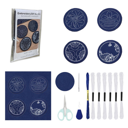 4 Set Sashiko Coasters DIY Kit with Pattern, Embroidery Starter Kit with Instructions for Beginners, Sashiko Kit, Round Sashiko Embroidery Coasters for Tea Table Home Decoration Housewarming Gift