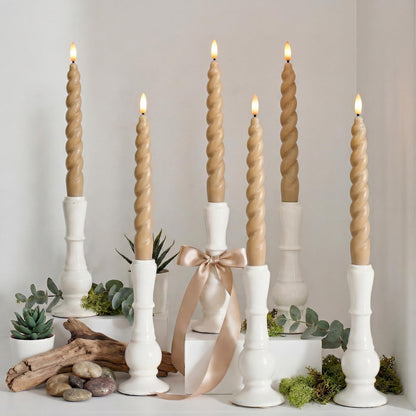 WYZworks 10" Flameless LED Taper Candles – Full Twisted Spiral – Light Tan, Set of 6 – Remote, 2/4/6/8-Hr Timer (24-hr Memory), Bottom On/Off Button, Dimmable, Battery Operated, Flicker/Steady