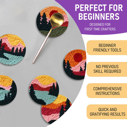 Punch Needle Coasters Kit for Beginners Adults, 6 Pattern Embroidery Scenery Punch Needle Kits, Scenery Punch Decoration DIY Kit with Patterns, Tools, Yarns, Hoop, Instruction Art Craft Supplies