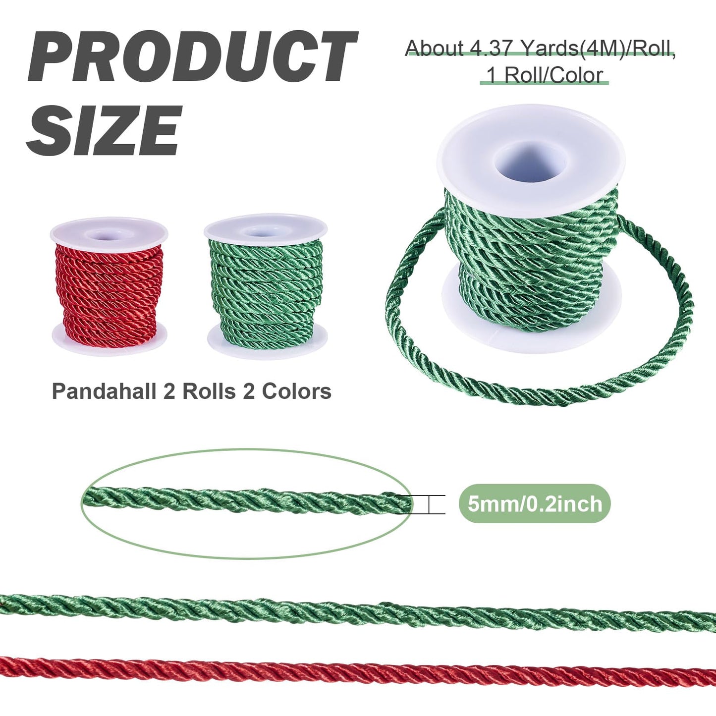 Beadthoven 2 Rolls/8.74 Yards 5mm Christmas Braided Cord Red Green 3-Ply Shiny Polyester Twisted Twine Cord Rope Decorative Thread Strings for DIY Bracelets Necklace Upholstery Curtain Home Decoration